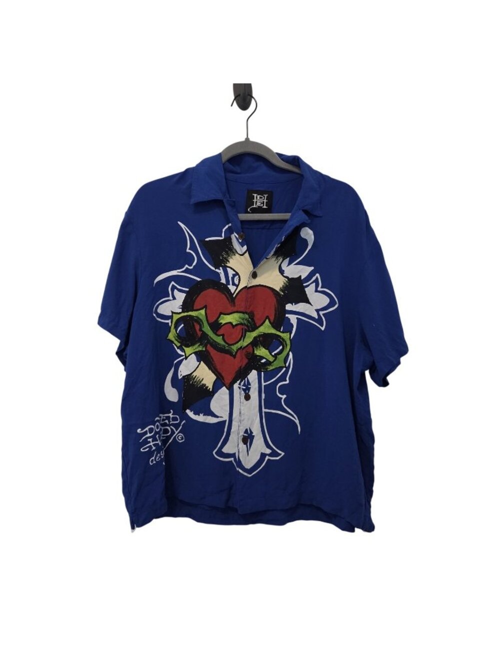 Ed Hardy Blue Button Up Art Snake Heart Cross Tattoo Short Sleeve Shirt Medium